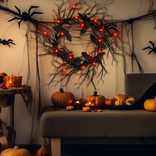Halloween Black Branch Wreath with Bats - Handmade Seasonal Wall Decor