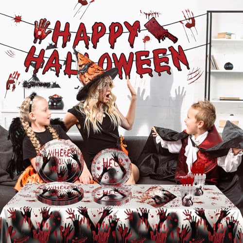 Halloween Bloody Handprint Party Plate Set for 24 Guests - Tableware & Decorations