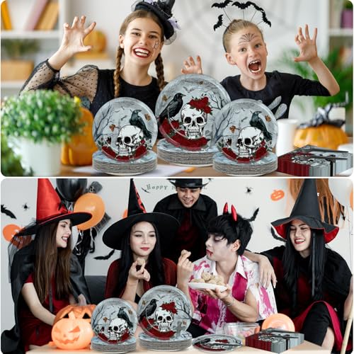 Halloween Gothic Skull Party Plates Napkins Set - Rose Crow Dinnerware for Skeleton Day of The Dead, 200pcs