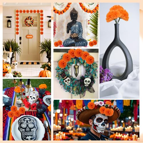 Artificial Marigold Flowers Set - 30pcs Silk Flowers with Stems for Decor & DIY Crafts - Orange, 30pcs