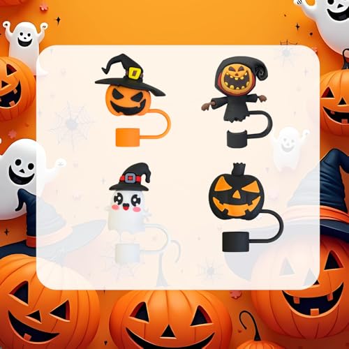 Halloween Straw Covers for Stanley Cup - Pumpkin Scarecrow Design - 4 Pack - Reusable Silicone Tips - Ghost & Pumpkin Decor - Variation: Pumpkin Scarecrow