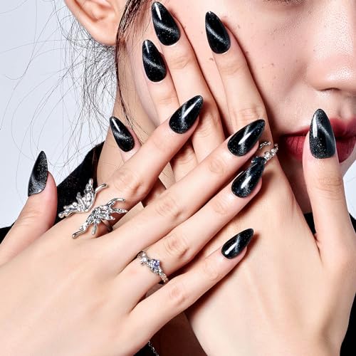 Black Paradise Cat Eyes Press On Nails - Medium Almond Stiletto Fake Nails with Variation