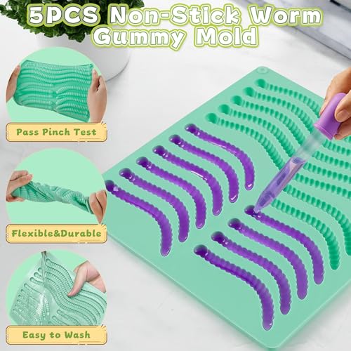 5PCS Silicone Gummy Worm Mold Set with Droppers - Non-Stick Candy & Chocolate Molds