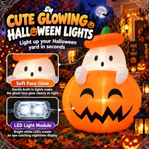 Inflatable Ghost Pumpkin Halloween Yard Decoration - 4ft Outdoor Blow Up Decor - Pumpkin Ghost Variation