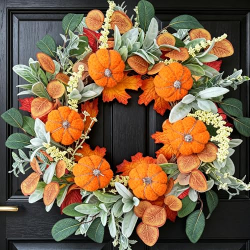 22 Inch Autumn Harvest Wreath for Front Door Farmhouse Decor with Pumpkins & Eucalyptus - Variation of THIS listing