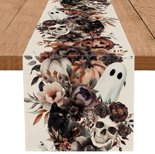 Halloween Ghost Skull Table Runner 13 x 108 Inches - Holiday Burlap Decor