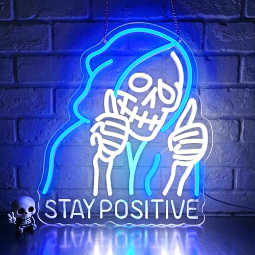 Blue Stay Positive Skeleton Neon Sign Wall Decor - Motivational LED Light for Man Cave Pub Bar Halloween