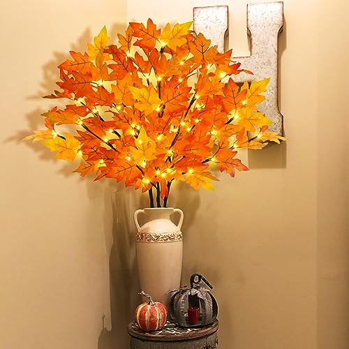 Orange 3-Piece Lighted Maple Branches with Timer - Fall Autumn Decor