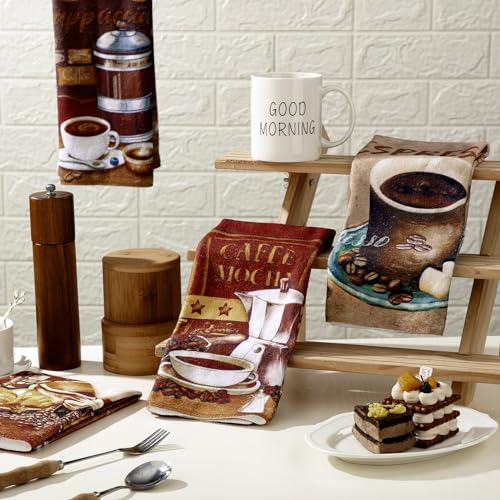 Coffee Themed Kitchen Towels Set - 6 Stylish Microfiber Dish Towels