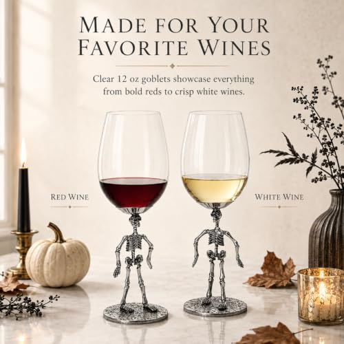 Skeleton Stemmed Wine Glasses Set of 2 - Spooky Gothic Goblets, 10 Inches Tall