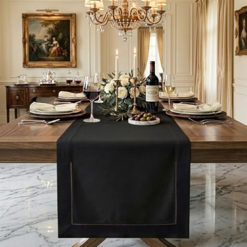 Black Linen Table Runner 14x84 Inches - Hemstitch, Pure European Flax