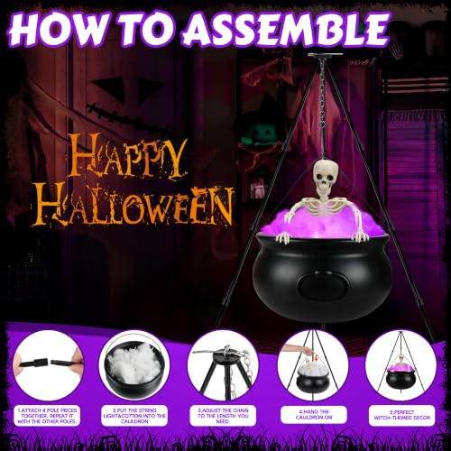 Purple Halloween Witches Cauldron Decor Set with Skeleton & LED Lights - Outdoor Yard Porch