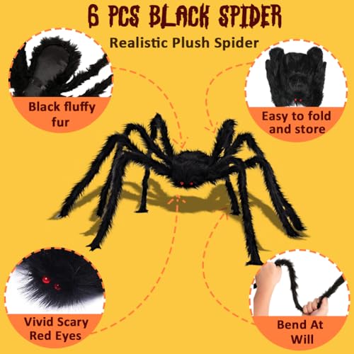 6-Pack Large Fake Spiders Halloween Yard Indoor Outdoor Decor Set