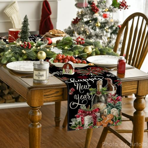 Happy New Year Champagne Table Runner 13x72 Inch - Festive Kitchen Dining Decor