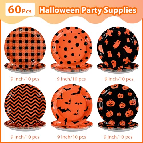 Halloween Paper Plates 9 Inch Pack - Heavy Duty Buffalo Plaid Ghost Pumpkin Design, Disposable Party Tableware