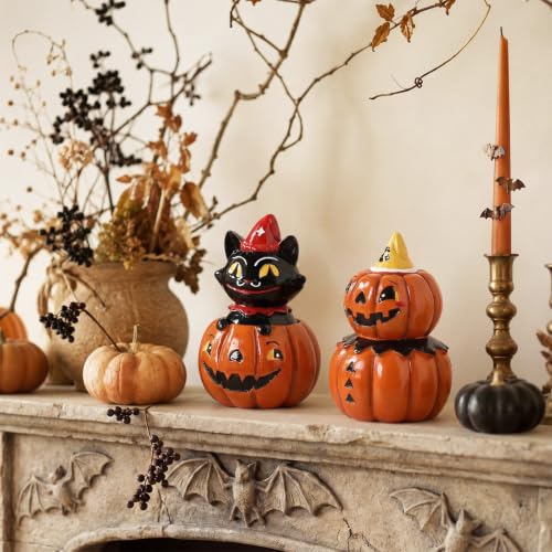 Halloween Decor Black Cat & Pumpkin Resin Figurines - Indoor Festive Table Centerpieces