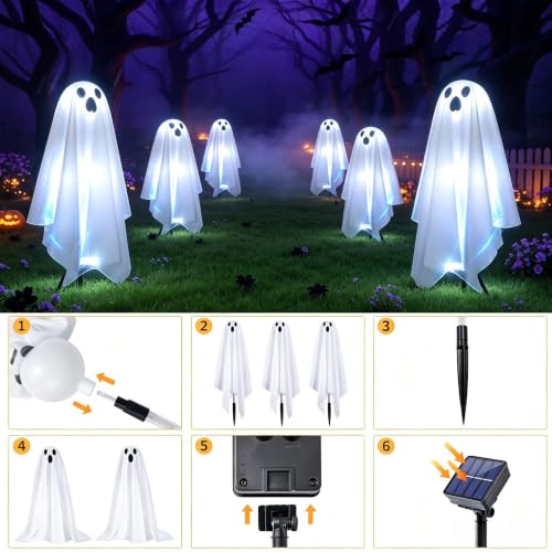 Solar Ghost Lights Outdoor Decorations - 6 Pack Spooky Pathway LED Stakes