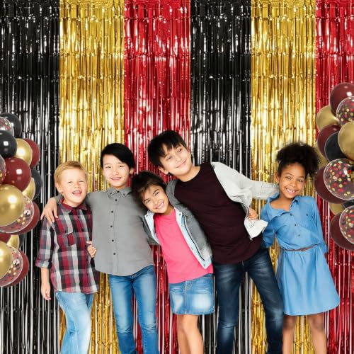 Partyzoa Red Black Gold Foil Fringe Curtains 13.12 x 6.56 ft Set of 4 - Birthday Party Decorations