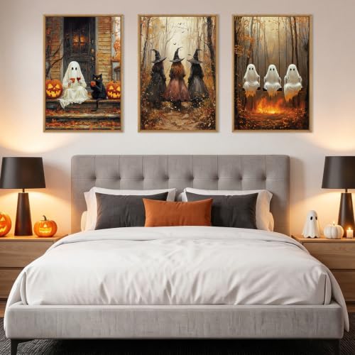 Halloween Framed Wall Art Set of 3 - Dark Witch Crow Raven Black Cat Pumpkin - 16x24 Inches