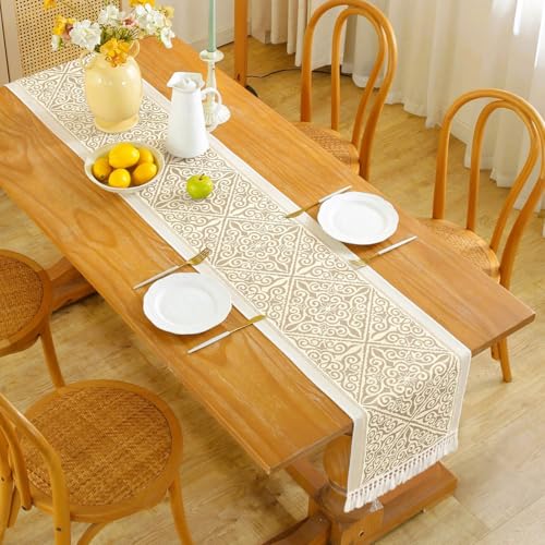 Farmhouse Floral Table Runner 14 x 94 Inch Light Brown - Handmade Rustic Decor