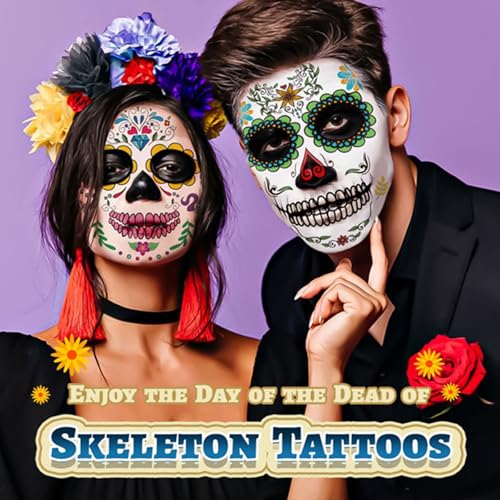Halloween Temporary Face Tattoos Kit - 13 Pack Sugar Skull & Skeleton Designs