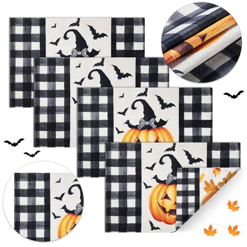 Halloween Placemats Set of 4 - Double Sided Buffalo Plaid Pumpkin Design, 12x18 Inches - Pumpkin Variation