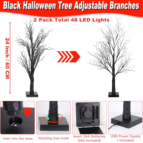 Indoor Halloween Spooky Tree Lights 24 Inch 2 Pack with Orange Red LED & Timer - Battery & USB Operated Decor