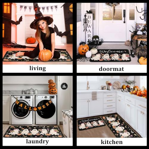 Halloween Ghost Kitchen Rugs and Mats Set - Non-Slip 17x47.2" + 17x30" - Spooky Holiday Decor