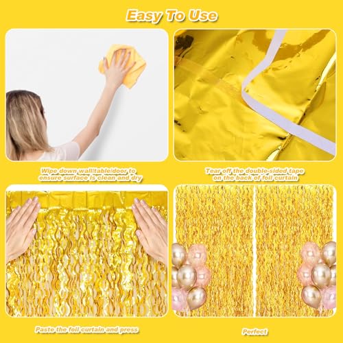 Gold Foil Fringe Curtain - 2 Pack 3.2x6.5ft Wavy Party Backdrop Decorations