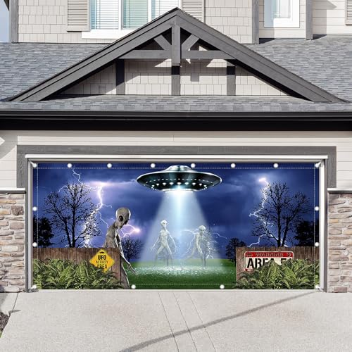 Halloween UFO Alien Garage Door Banner - 16x7ft Party Decoration with Rope - Spooky Outdoor Decor