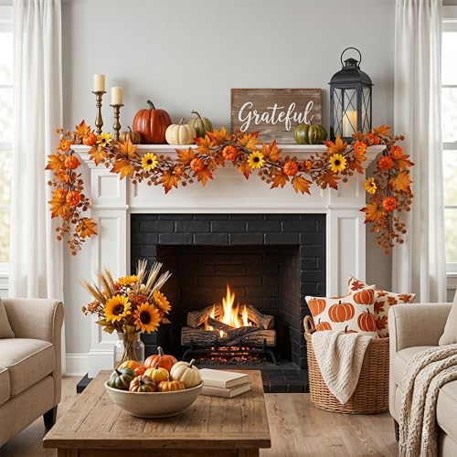 Fall Orange 6ft Fake Maple Leaf Garland for Autumn Thanksgiving Harvest Decor