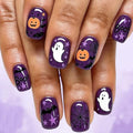 Halloween Press On Nails W10 Purple Short Square Fake Nails with Ghost Pumpkin Bat Web Design