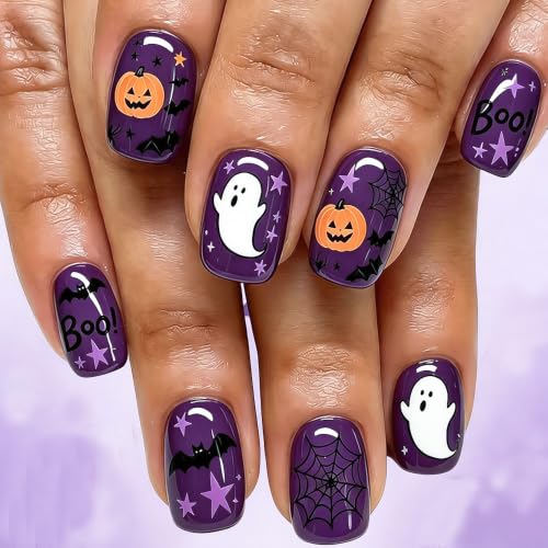 Halloween Press On Nails W10 Purple Short Square Fake Nails with Ghost Pumpkin Bat Web Design