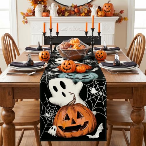 Ghost Halloween Table Runner 13x36 Inch - Spooky Pumpkin & Spider Web Design - Ghost Variation