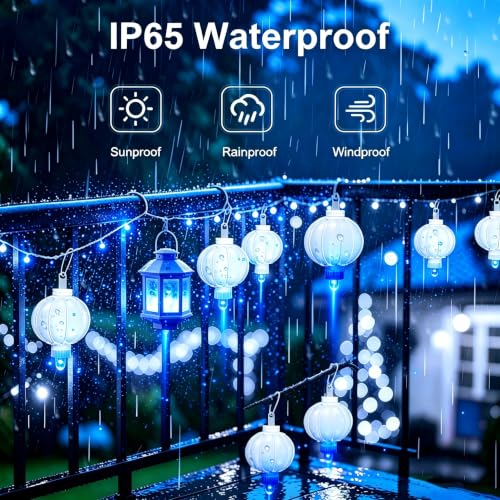 Blue Paper Lantern String Lights - Battery Operated 10pcs Hanging Decor