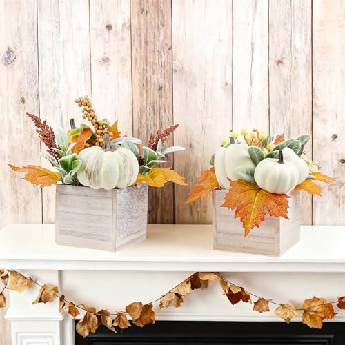 Autumn Fall Pumpkin Decor Set in Wooden Box - Harvest Thanksgiving Centerpieces