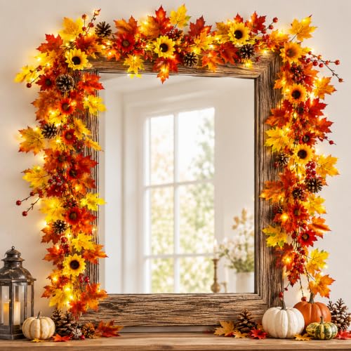 Fall Leaf Garland with Lights - 13.2ft Autumn Decor for Indoor & Outdoor