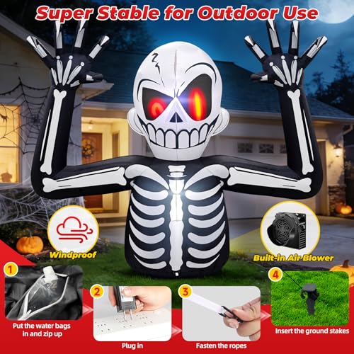 White Skeleton Halloween Inflatable - 6FT Outdoor Yard Decor with Red Eyes & LED Lights