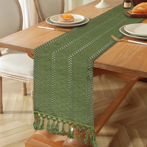 Sage Green Boho Table Runner 12x72 Inches with Tassels - Rustic Cotton Linen Decor