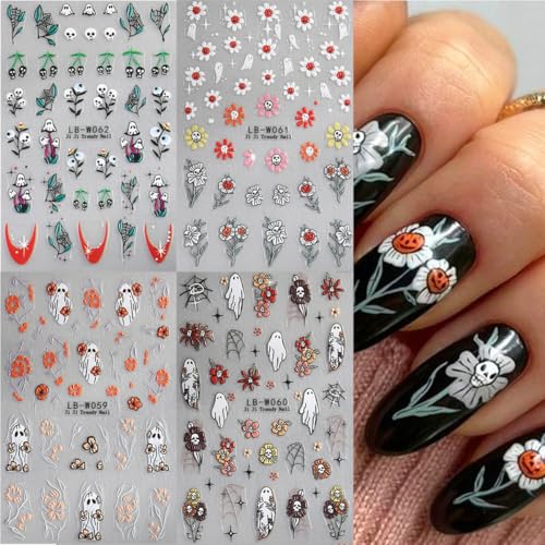 Halloween Ghost Nail Stickers 4 Sheets with Flower & Spider Web Designs - DIY Nail Art Decals