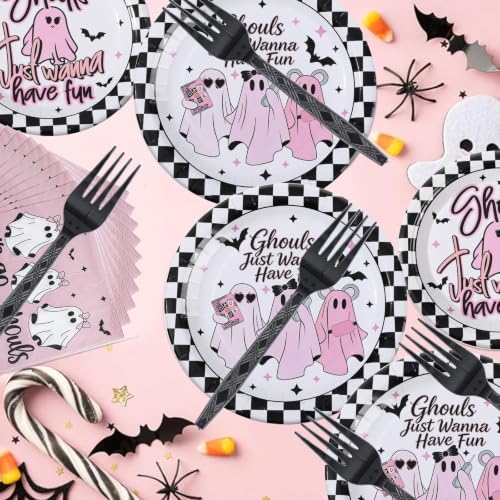 Pink Ghost Girl Night Halloween Party Tableware Set for 25 Guests - Disposable Plates & Napkins - Rokochoes