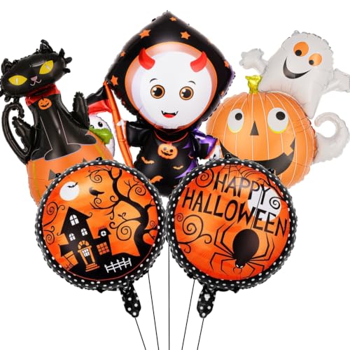 Red Halloween Ghost Balloons Set with Foil Balloons and Ribbon - 5 Pieces