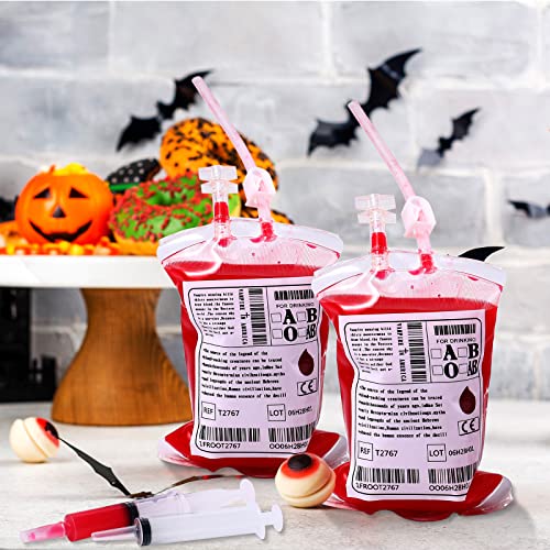 Halloween Blood Bags with Syringes Party Supplies for Drinks - 24 Pieces