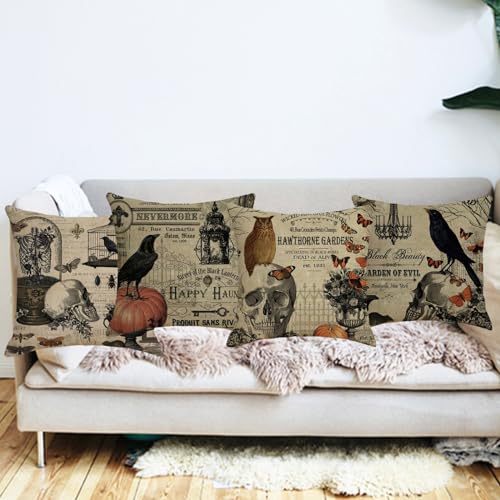 Halloween Pillow Covers Set of 4 - 18x18 Velvet Throw Pillows with Pumpkin Skull Owl Crow Design - Halloween Decor