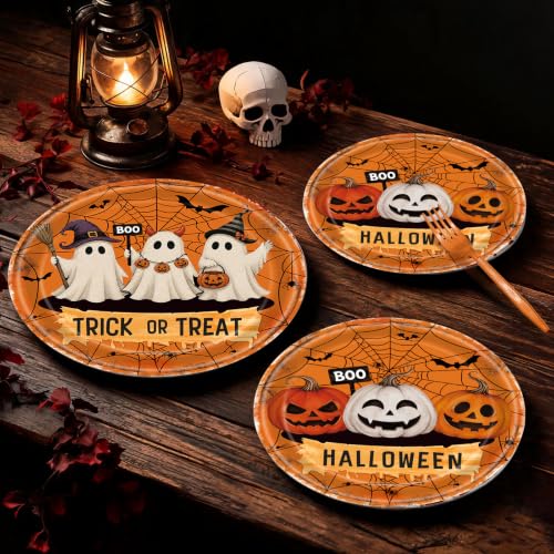 Halloween Ghost Pumpkin Disposable Plate Set - Trick or Treat Party Supplies, Serves 24 - Variation: Ghost Pumpkin