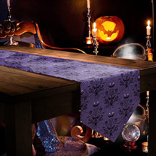 Halloween Black Spider Web Bat Table Runner - Cotton Linen, 13 x 36 Inches, Purple Variation
