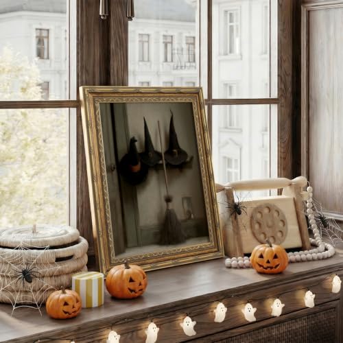 Vintage Halloween Witch Wall Art - Gold Frame, 13x16 Inches with Glass, Variation of Witch Hats Brushed 16"L x 13"W
