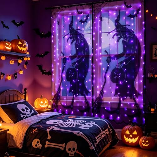 Lighted Halloween Curtain with Purple LEDs & Black Lace Witch Pattern - 40x84 Inch Decor