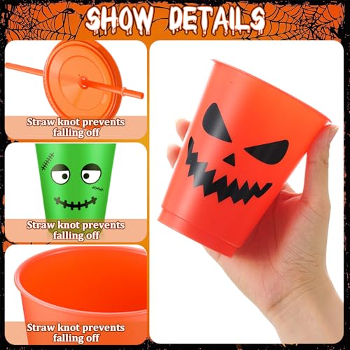 Reusable Halloween Plastic Cups with Lids & Straws - 16 oz Party Set