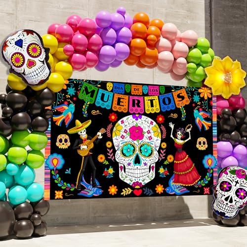Dia De Los Muertos Balloon Arch Kit with Large Backdrop Banner - 162PCS Halloween Fiesta Decor